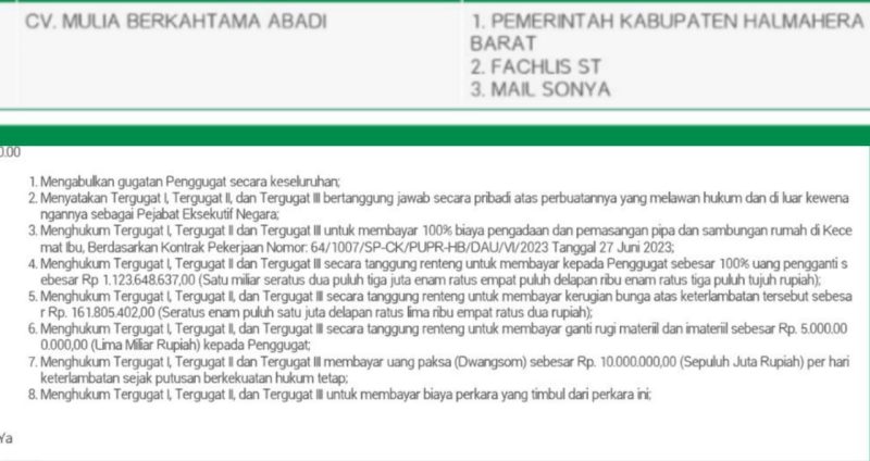 Foto: dokumen Sistem Informasi Penelusuran Perkara (SIPP)  dengan nomor perkara 57/Pdt.G/2025/PN Tte, majelis hakim mengabulkan seluruh gugatan penggugat